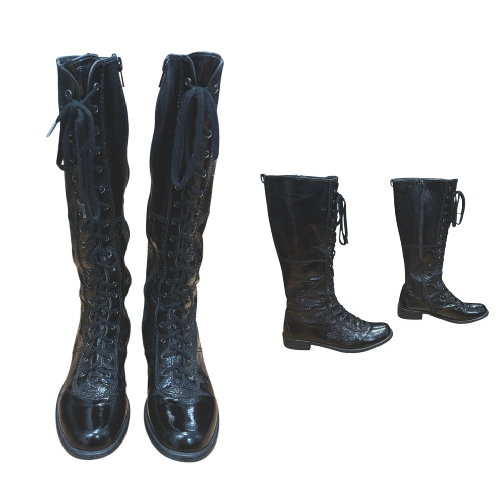 Stuart Weitzman Black Patent Leather Lace Up Tall Boots
